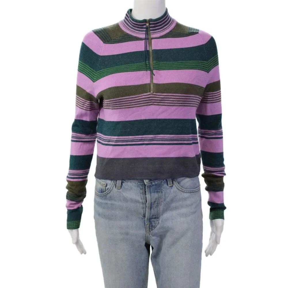 Free People Womens Striped 1/2 Zippered High-Neck Sweater Multicolor Size S